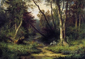 サギのある森の風景 1870年 イワン・イワノビッチの木々 Oil Paintings